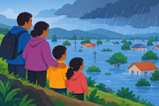 A family stands on slightly elevated ground overlooking a flooded community. Rising water has reached several homes in the distance.