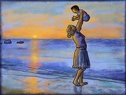 A mother is playing with her baby at the ocean