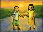 Two children are holding hands.
