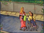 A mother is walking with her three children
