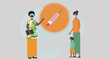 A health worker is talking to a mother and a child about vaccination