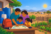 A family storing water and planning ahead outside their home before severe drought conditions arrive.