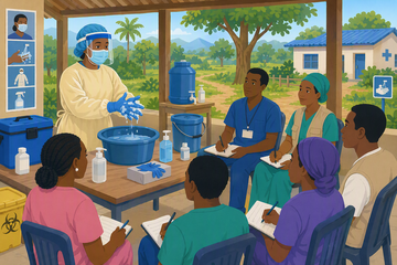 Health worker explaining prevention methods to others
