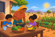 Family meal being prepared with locally available nutritious foods during drought.