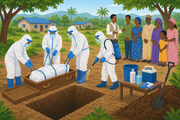 A trained burial team wearing full PPE (impermeable suits, gloves, boots, face shields, masks) carefully placing a sealed body bag into an open coffin or casket positioned beside the grave.