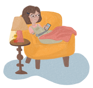 A child is using a phone on her sofa